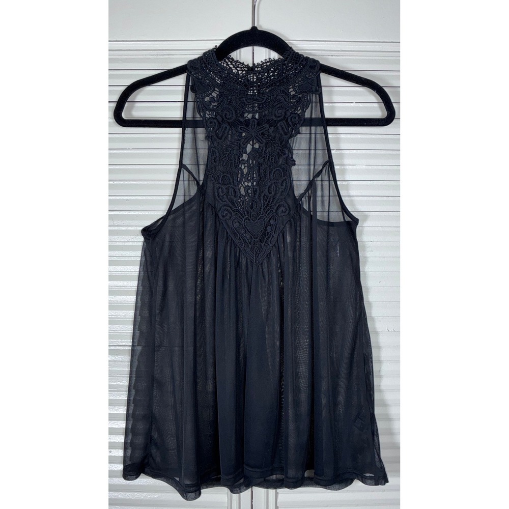 XXI Forever 21 Black Mesh Lace Crochet‎ Mock Neck Sleeveless Top Medium *FLAW*